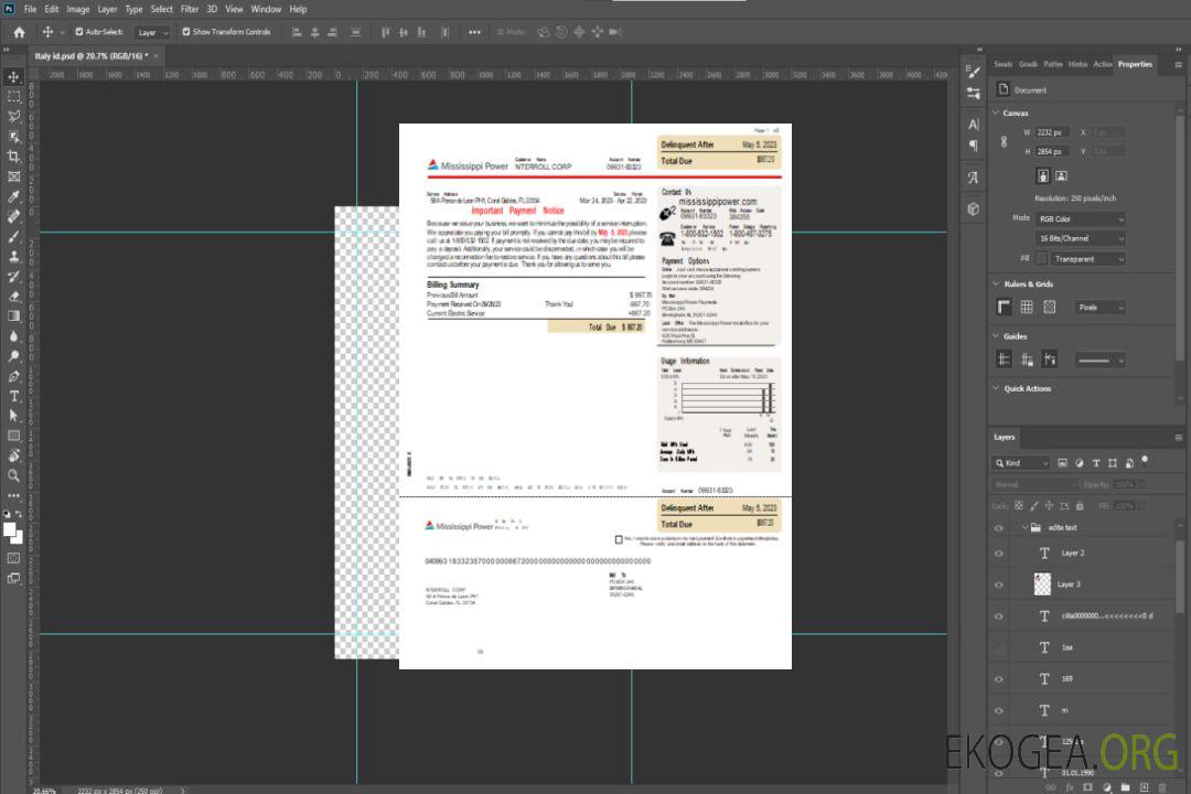 Facture commerciale du service public d'électricité du Mississippi, page 1, SCR template